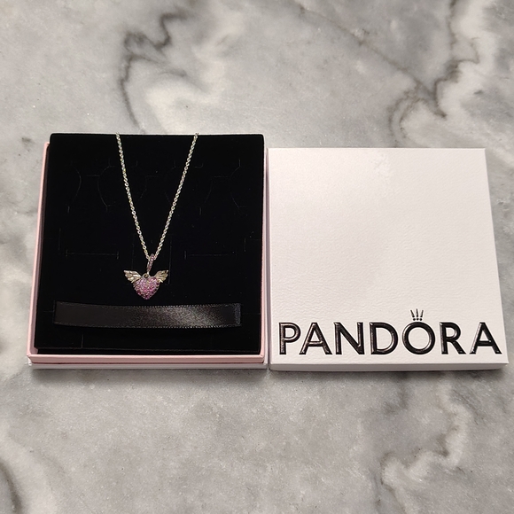 Pandora Silver Necklace with Pink Heart and Wings - Picture 4 of 6